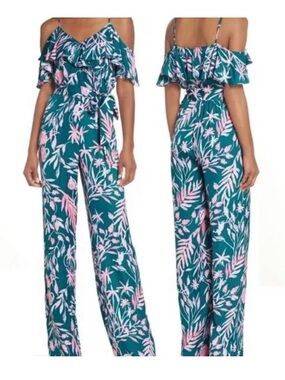 Lilly Pulitzer Teal Floral Off-Shoulder Wide-Leg Jumpsuit with Pink Print